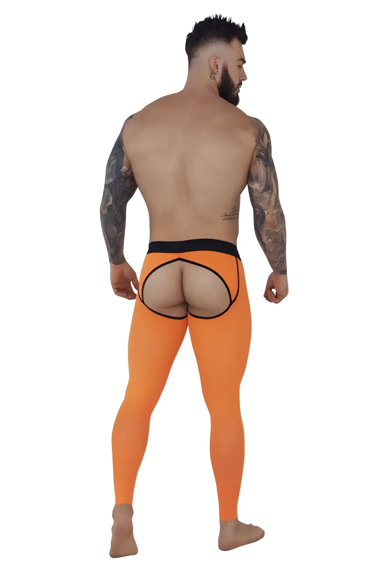 Bright orange pikante sonar athletic pants with black waistband and open-back cutout shown from back side