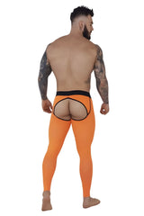 Bright orange pikante sonar athletic pants with black waistband and open-back cutout shown from back side