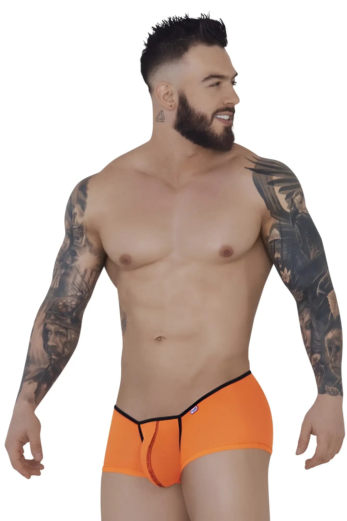 Bright orange pikante pik 1273 sonar trunks with black trim and central zipper detail briefs for men