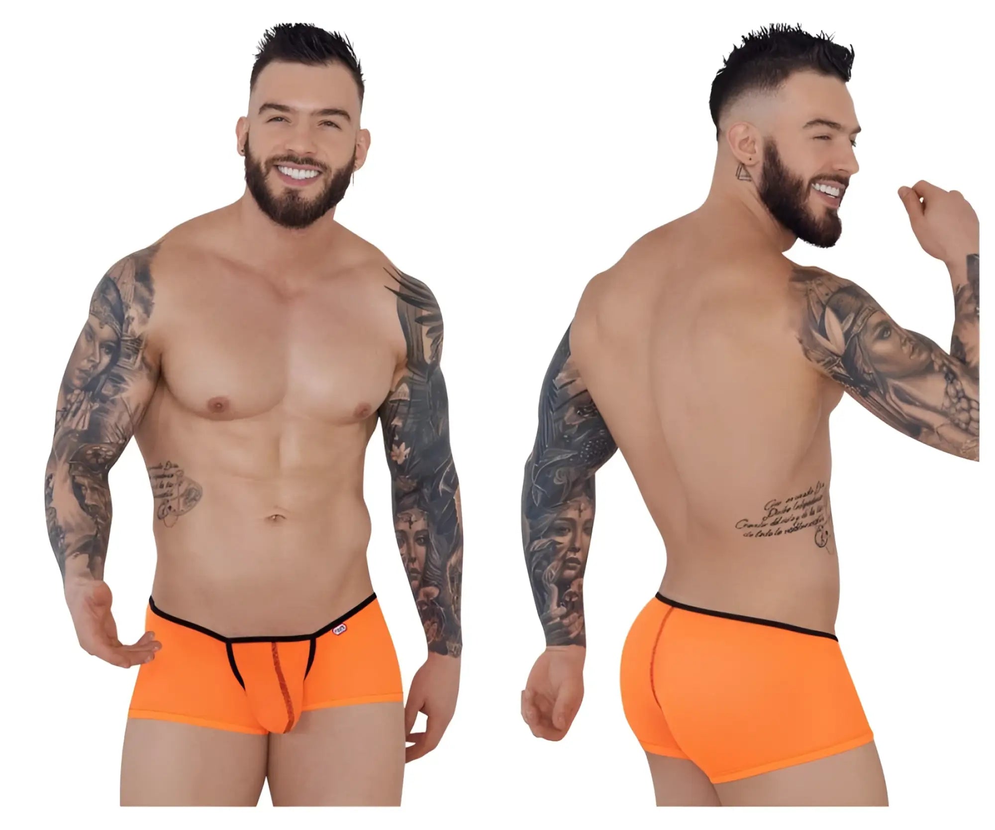 Bright orange pikante piks 1273 sonar trunks with black trim and central zipper detail briefs design