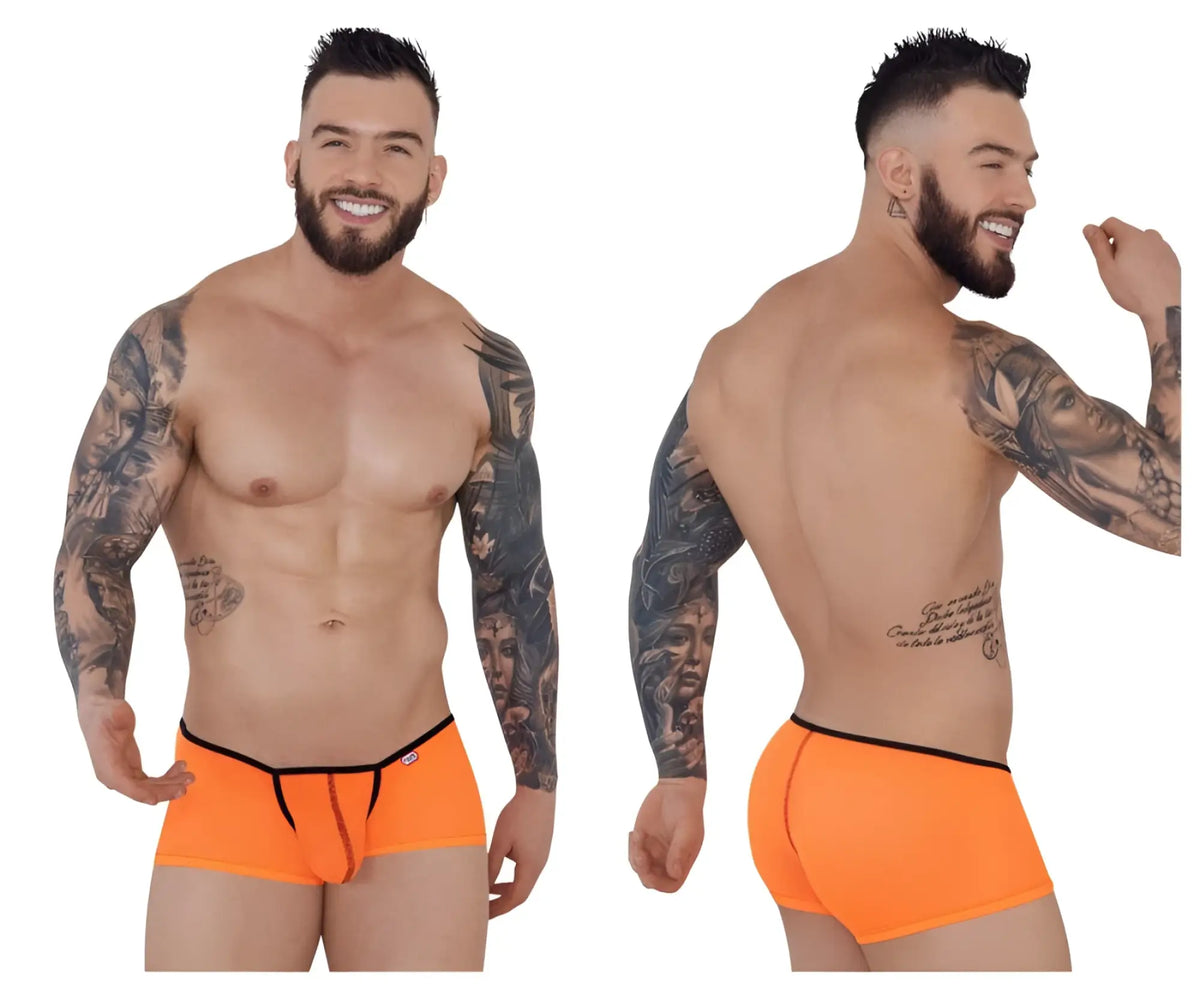 Bright orange pikante piks 1273 sonar trunks with black trim and central zipper detail briefs design