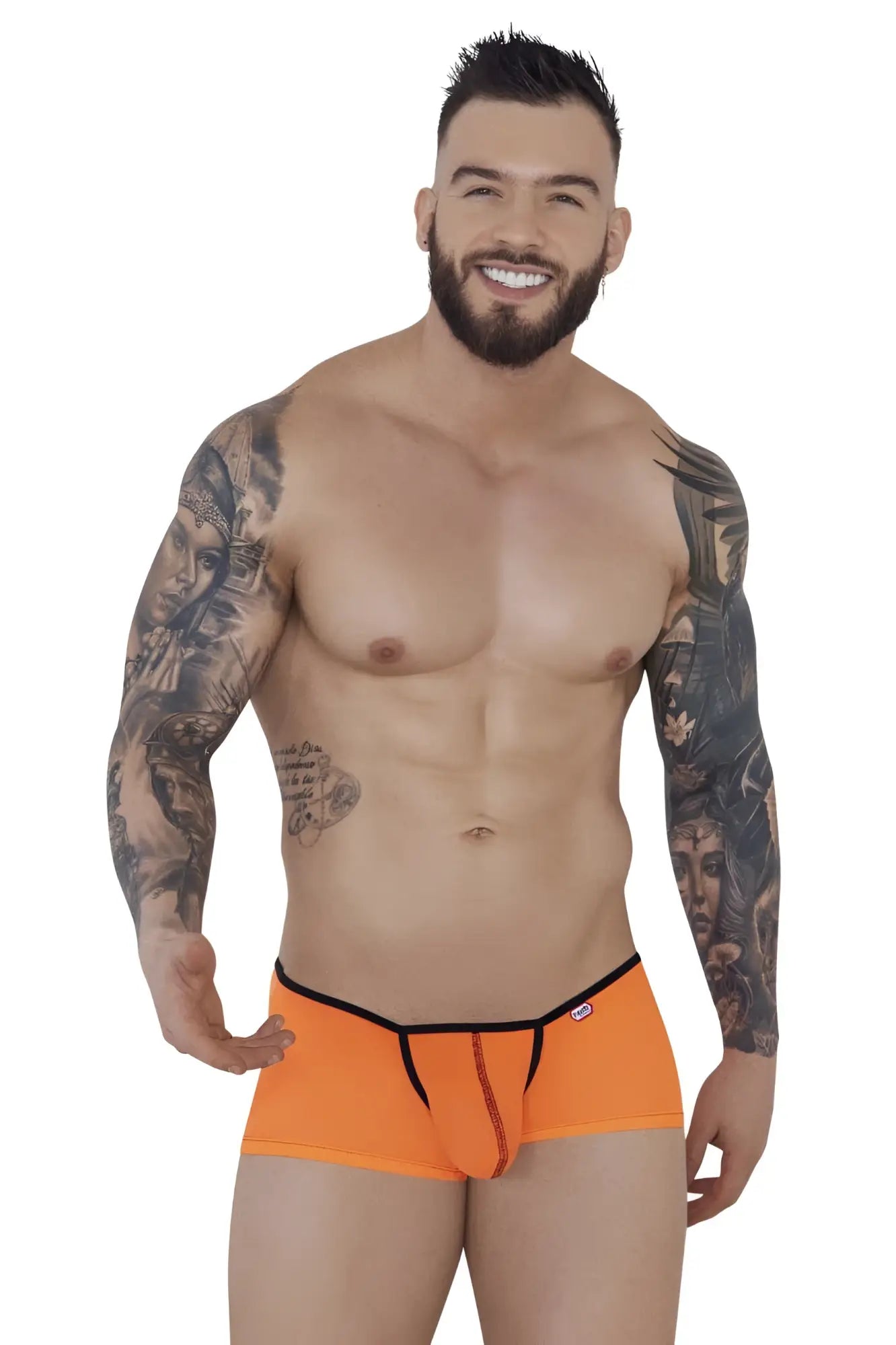 Bright orange pikante pik 1273 sonar trunks briefs with black trim and central zipper detail for bold style