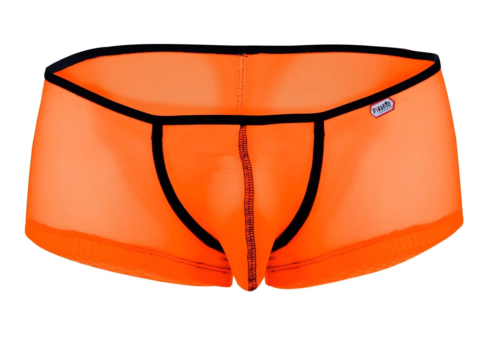Bright orange pikante pike 1273 sonar mesh briefs with black trim and brand tag on waistband front view