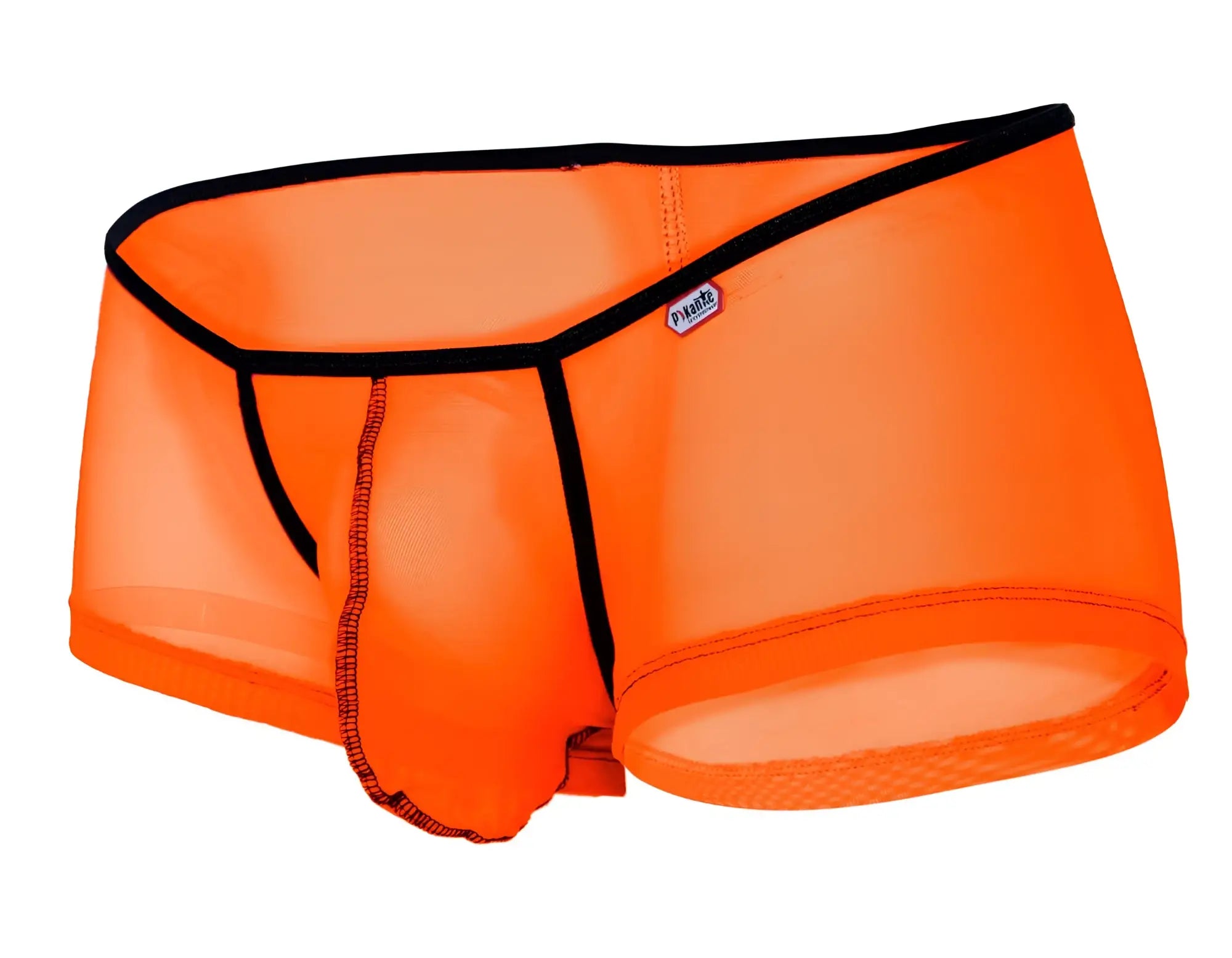 Pikante PIK 1273 Sonar trunks bright orange mesh briefs with black trim and small brand tag front view