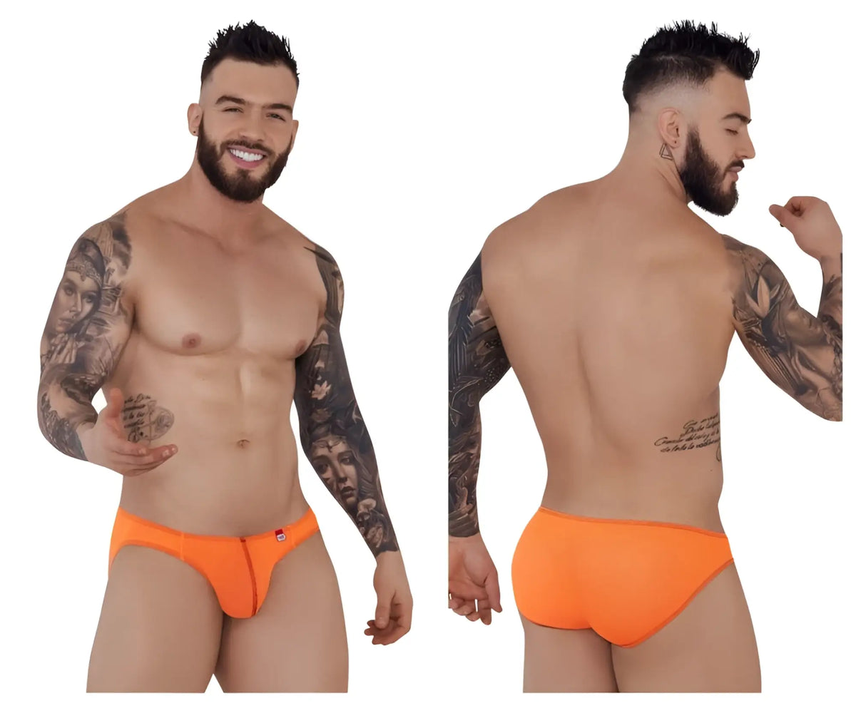 Bright orange pikante pik 1277 sonar men’s briefs with front zipper and small red logo on left hip