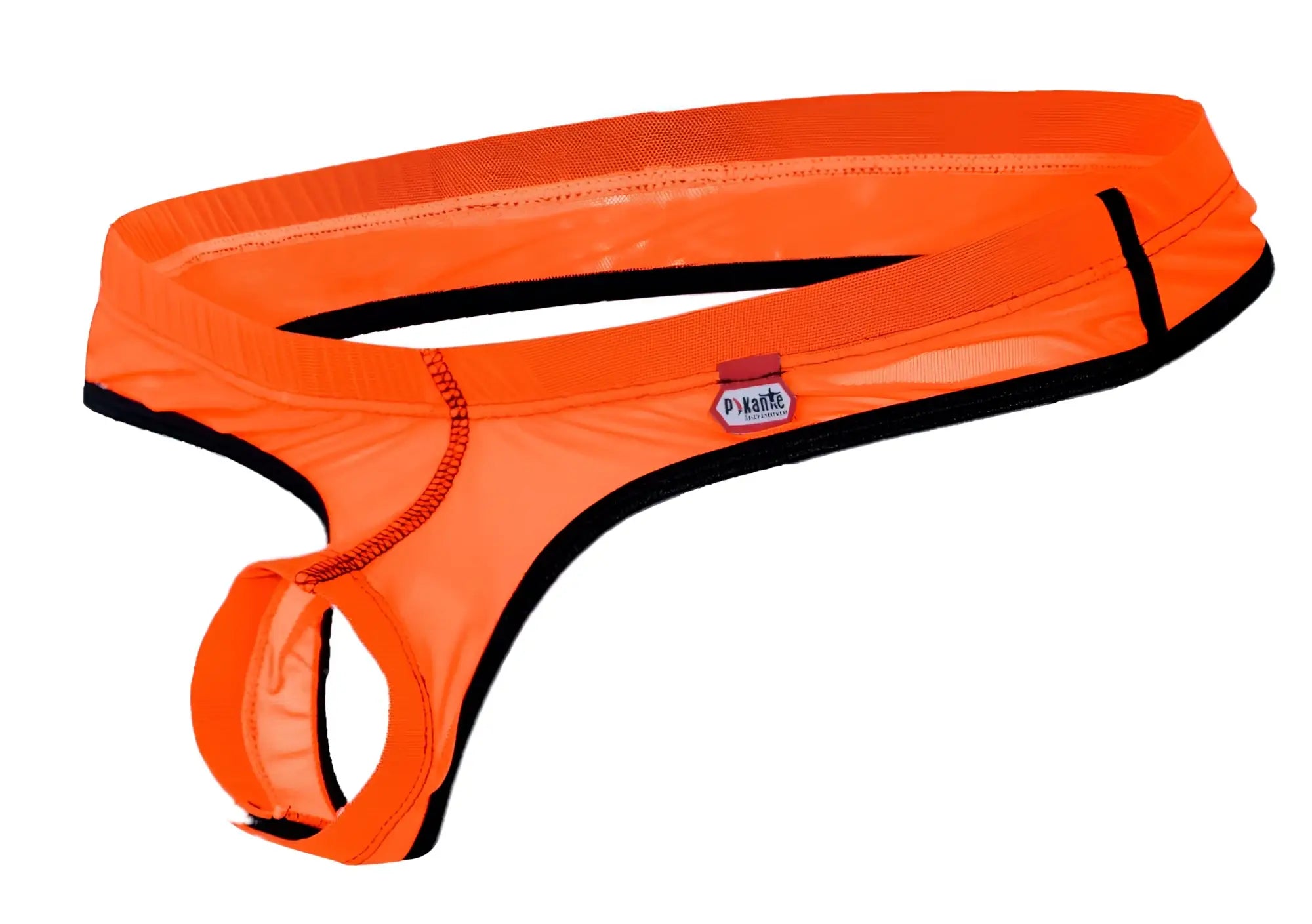 Bright orange d’kante thong with black trim and mesh panel from pikante pik 1278 sonar ball lifter collection