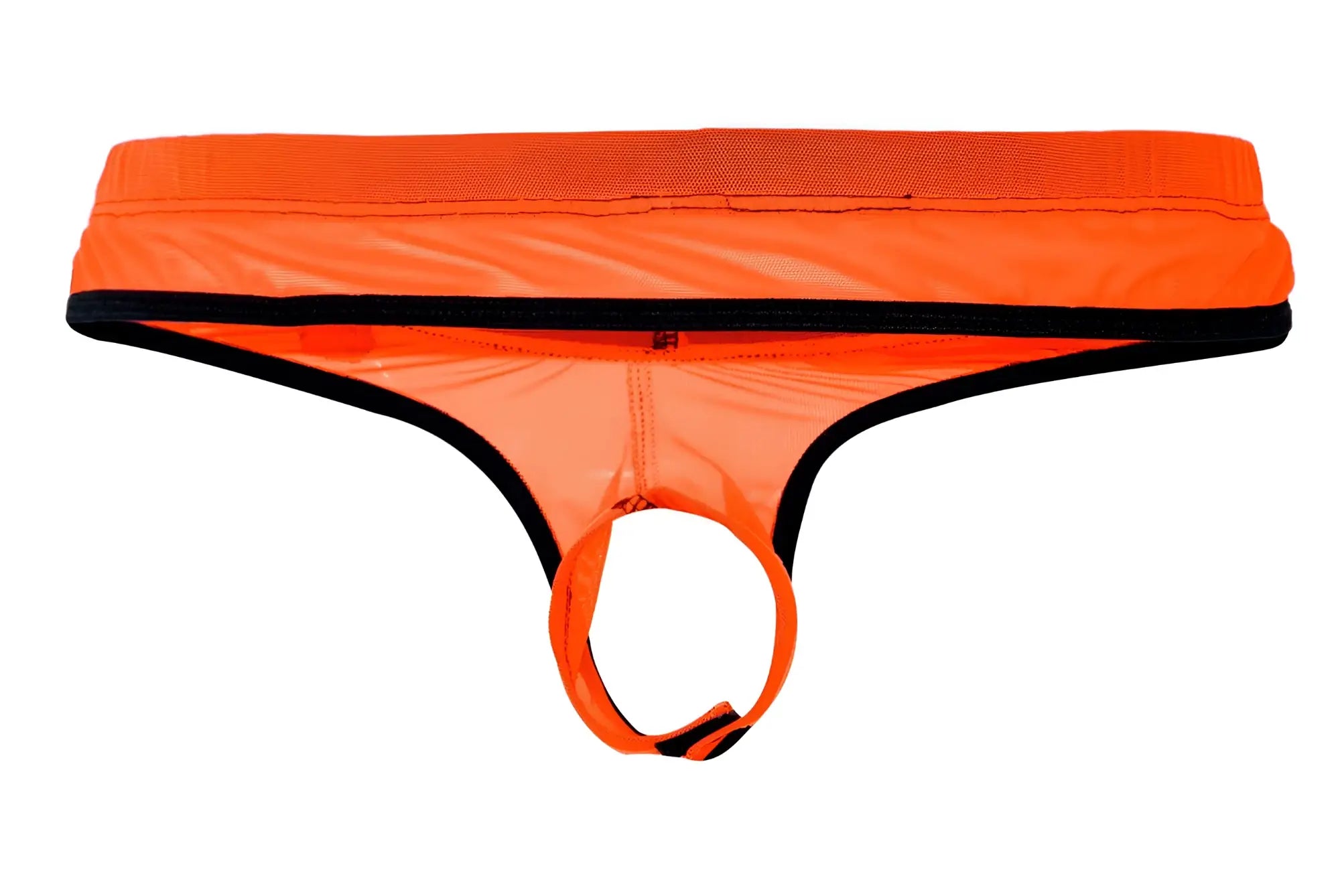 Bright orange Pikante PIK 1278 sonar ball lifter men’s thong with black trim and circular front ring
