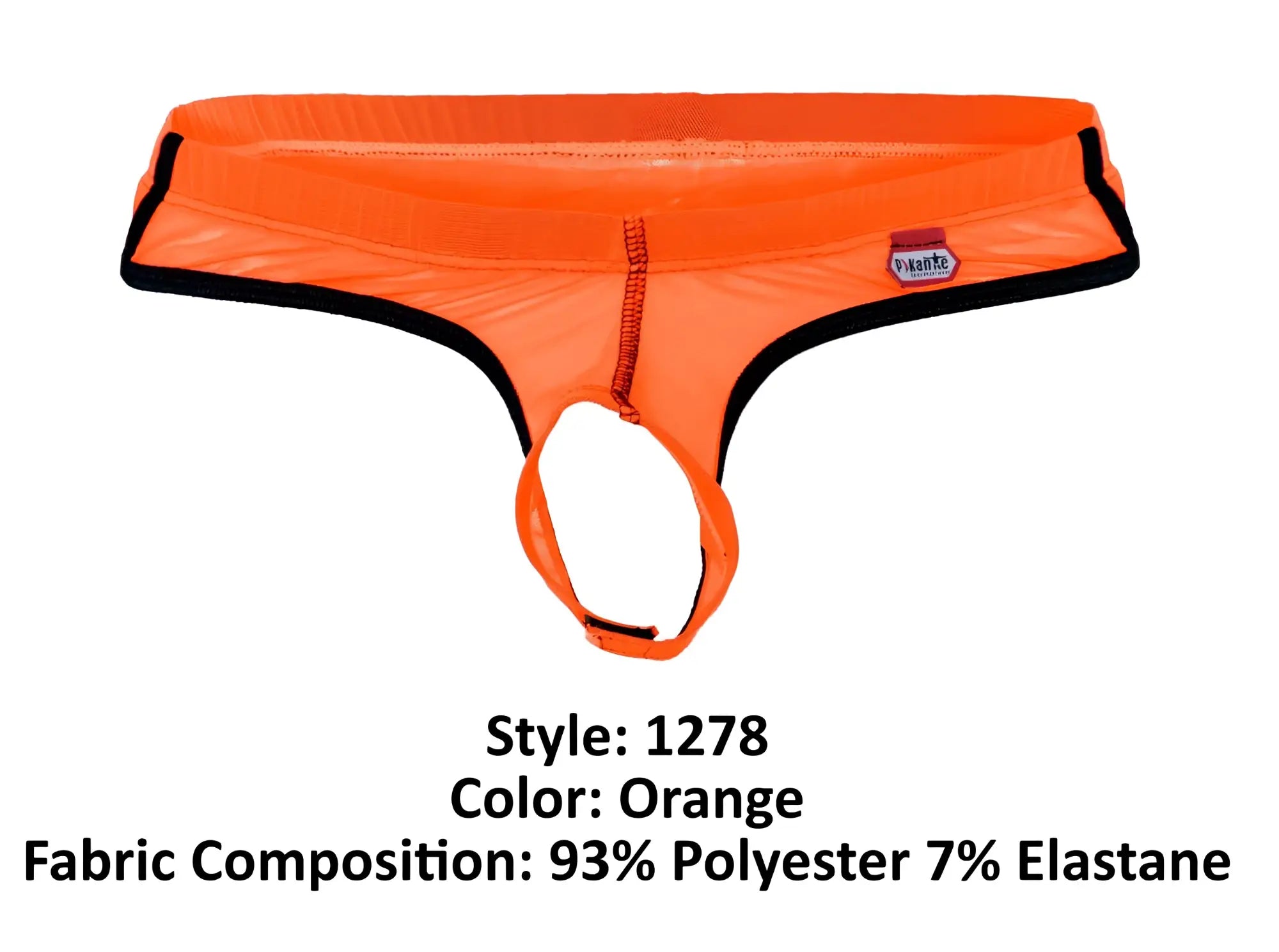 Bright orange pikante PIK 1278 Sonar ball lifter thong with black trim zipper made of polyester and elastane