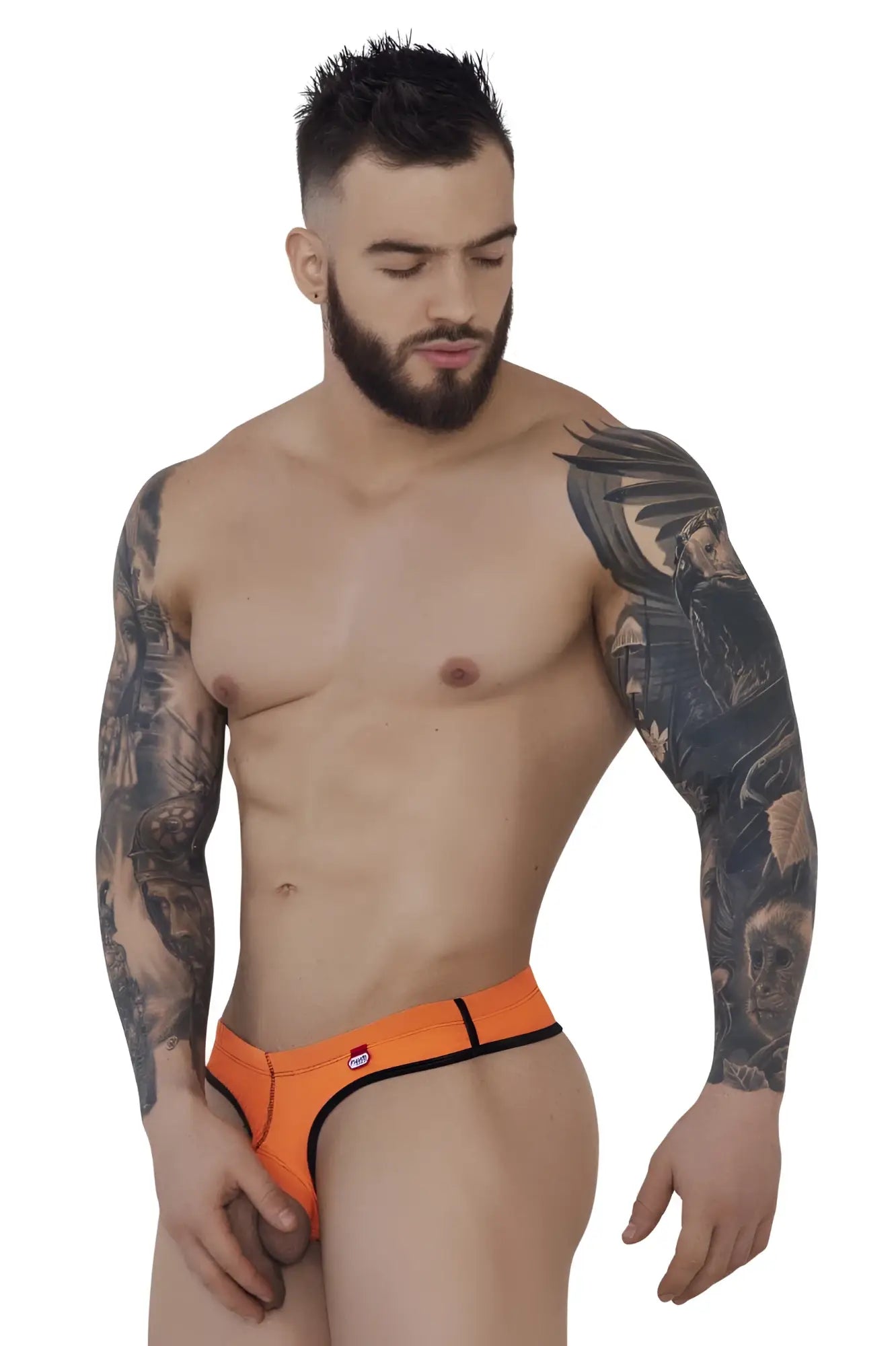 Bright orange form-fitting pikante pik 1278 sonar ball lifter briefs with black trim and red waistband logo