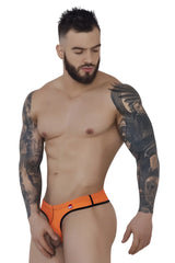 Bright orange form-fitting pikante pik 1278 sonar ball lifter briefs with black trim and red waistband logo