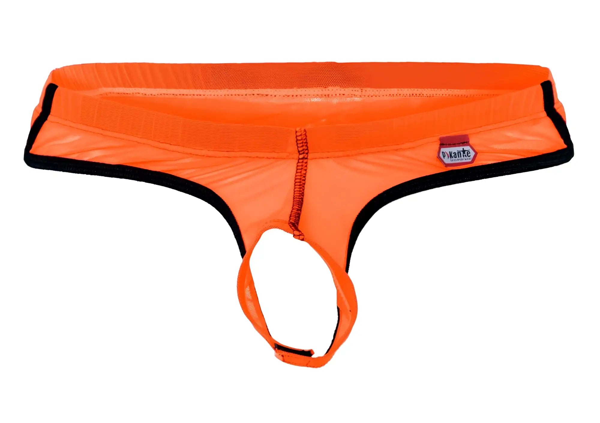 Bright orange mesh thong ball lifter with black trim and red zipper pull from pikante PIK 1278 sonar collection