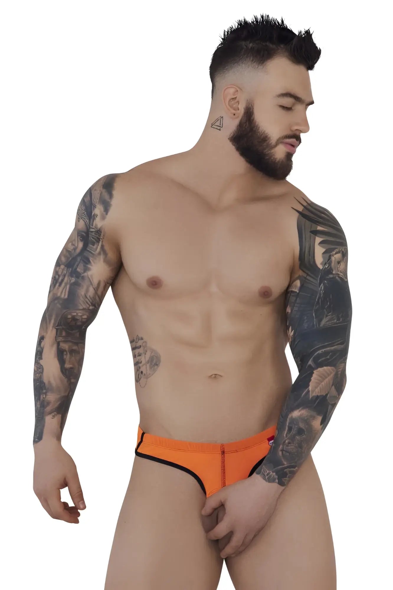 Orange Pikante PIK 1278 Sonar Ball Lifter swim trunks with black trim and front zipper for men
