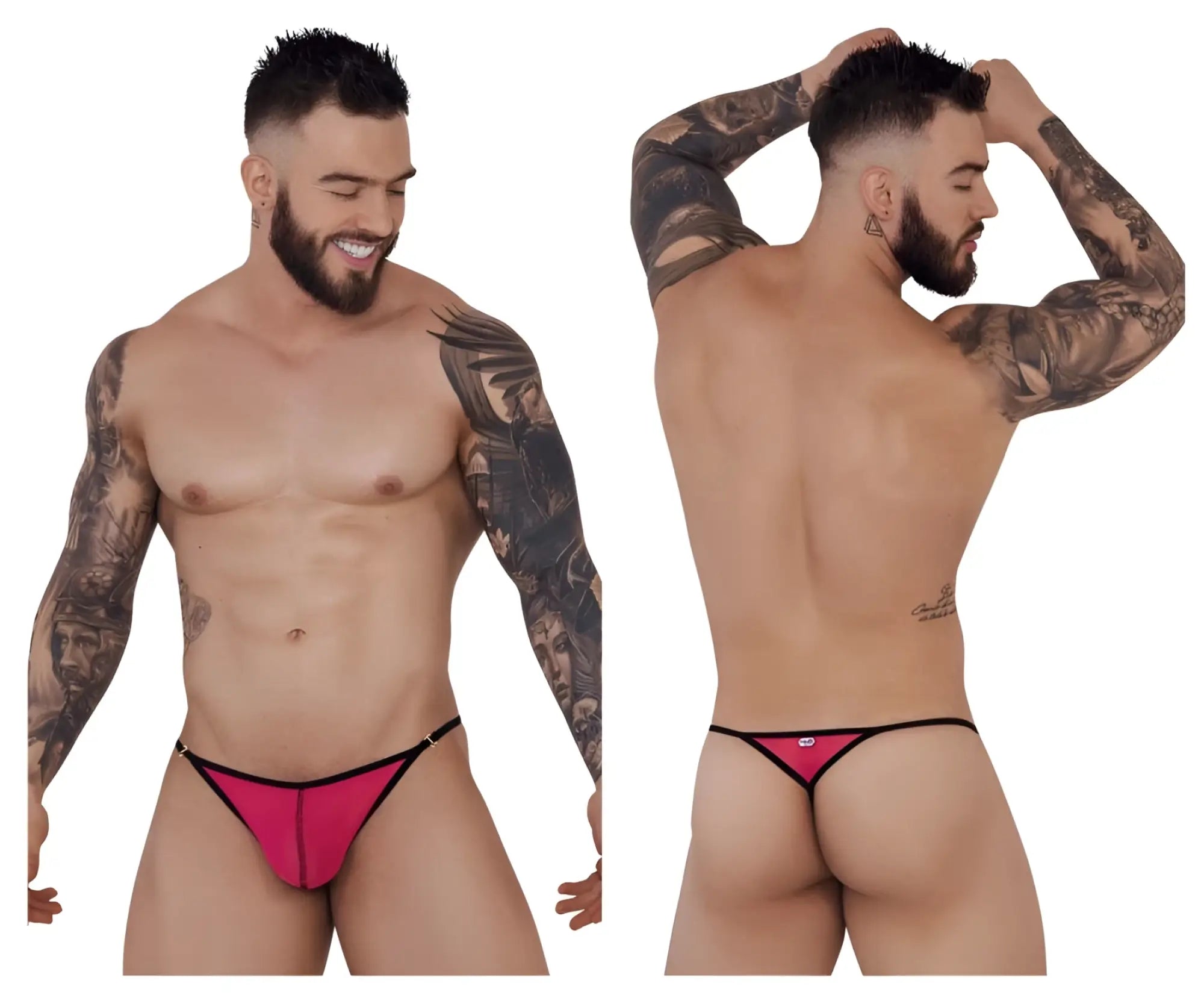 Bright pink thong with black trim and small logo on the back by pikante pik 1279 sonar thongs color fuchsia
