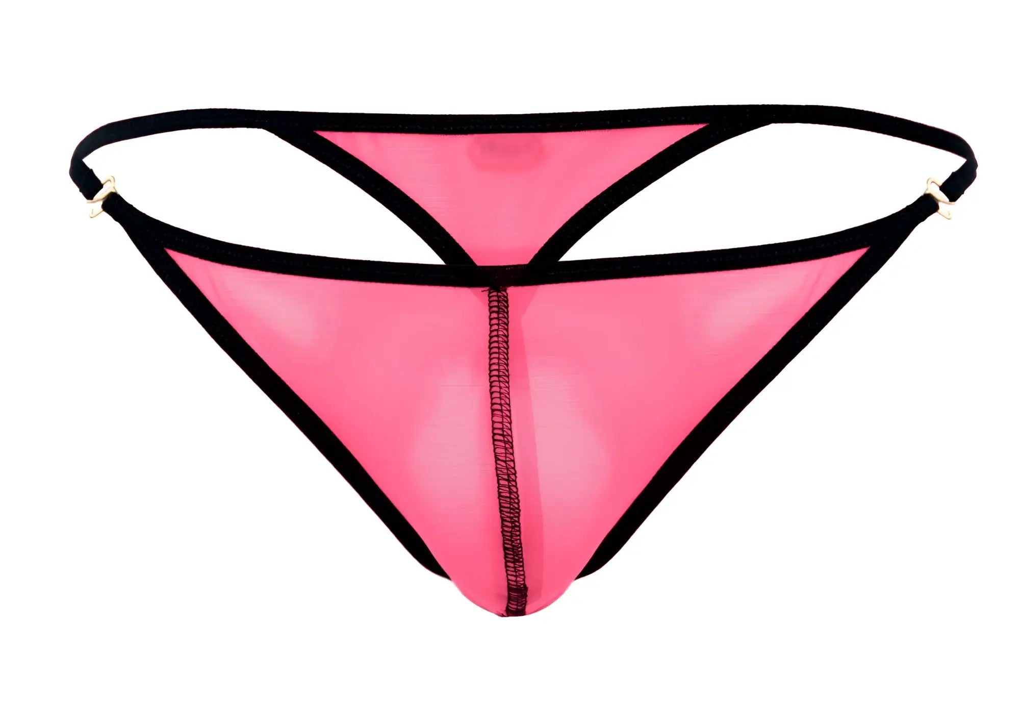 Pink mesh thong with black trim and central zipper from Pikante PIK 1279 Sonar thongs in fuchsia color