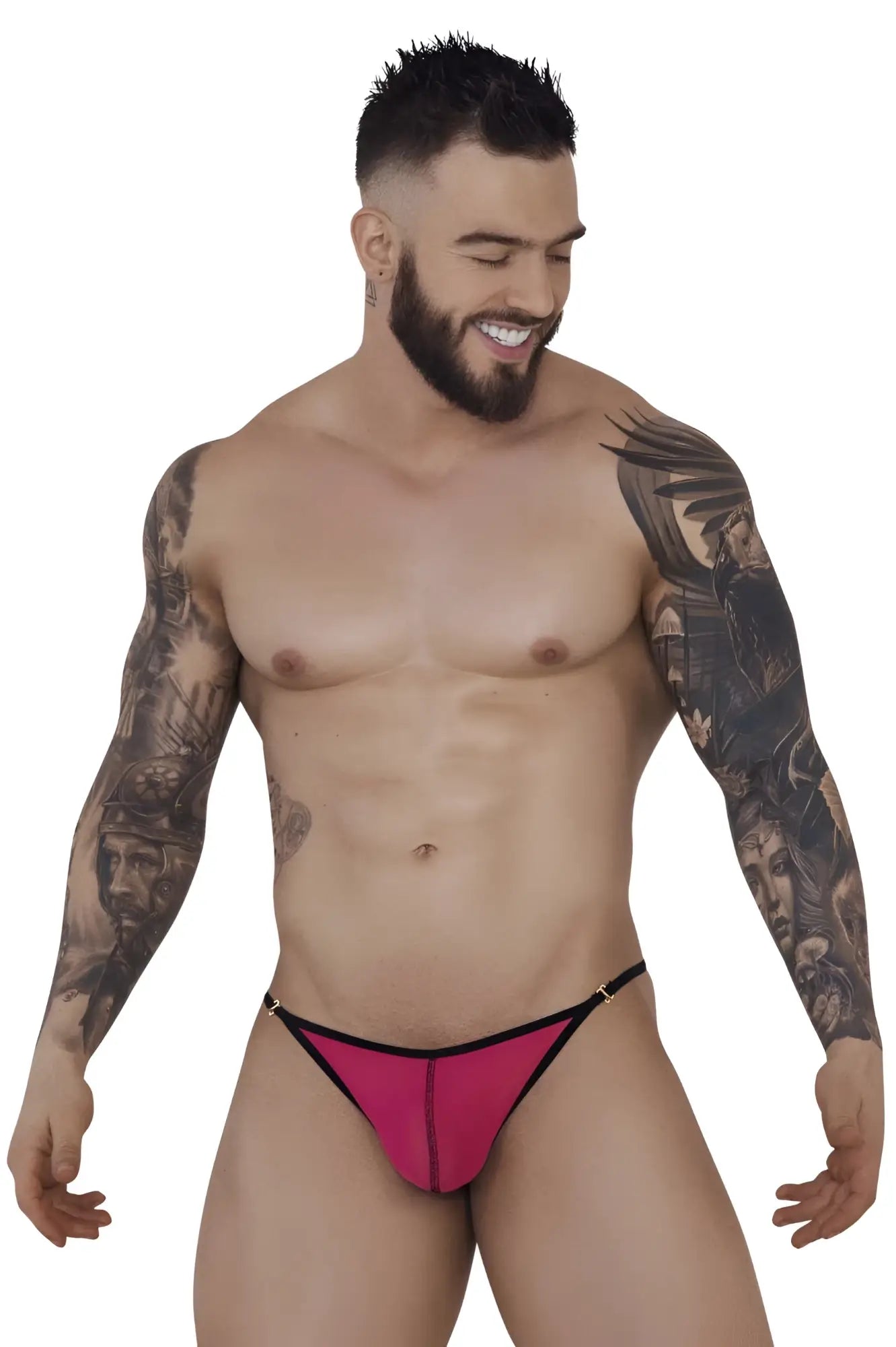 Vibrant pink pikante pik 1279 sonar thong with black trim and metallic hardware shown from the back side