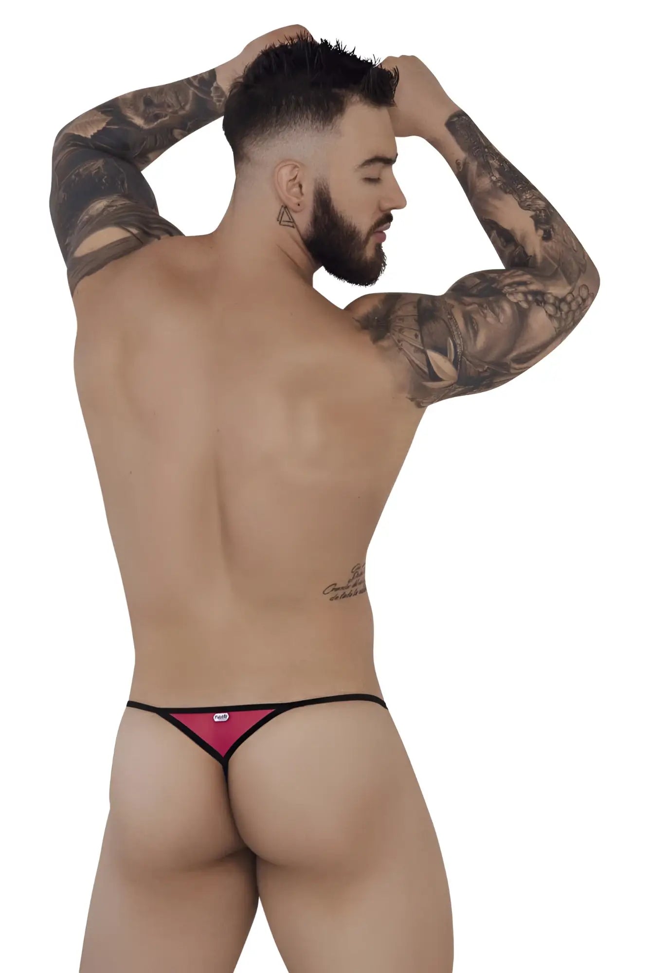 A vibrant fuchsia thong with black trim and adjustable waistband from pikante pik 1279 sonar thongs collection