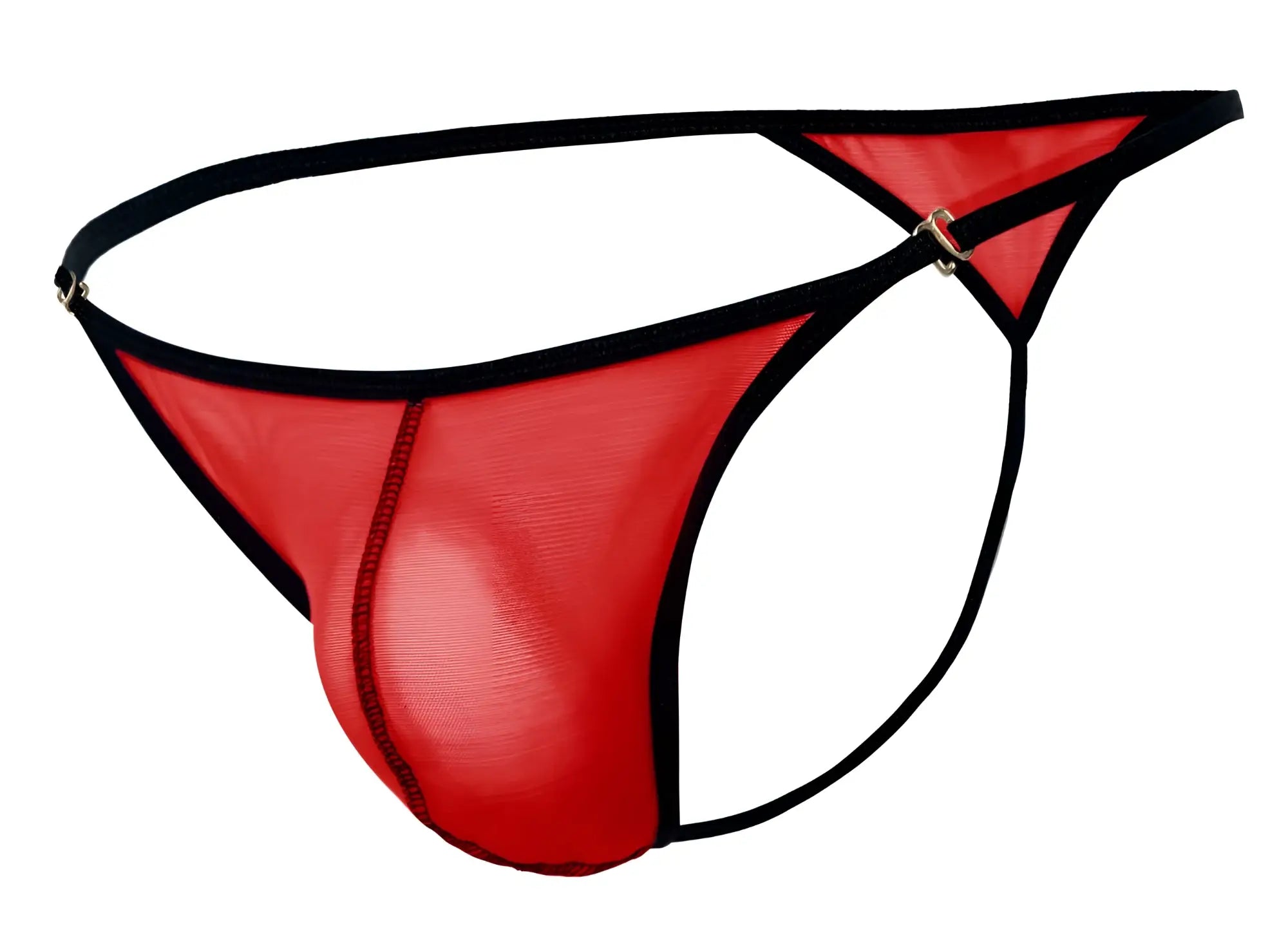 Red mesh thong with black trim and metallic clasp from pikante pik 1279 sonar thongs in red color