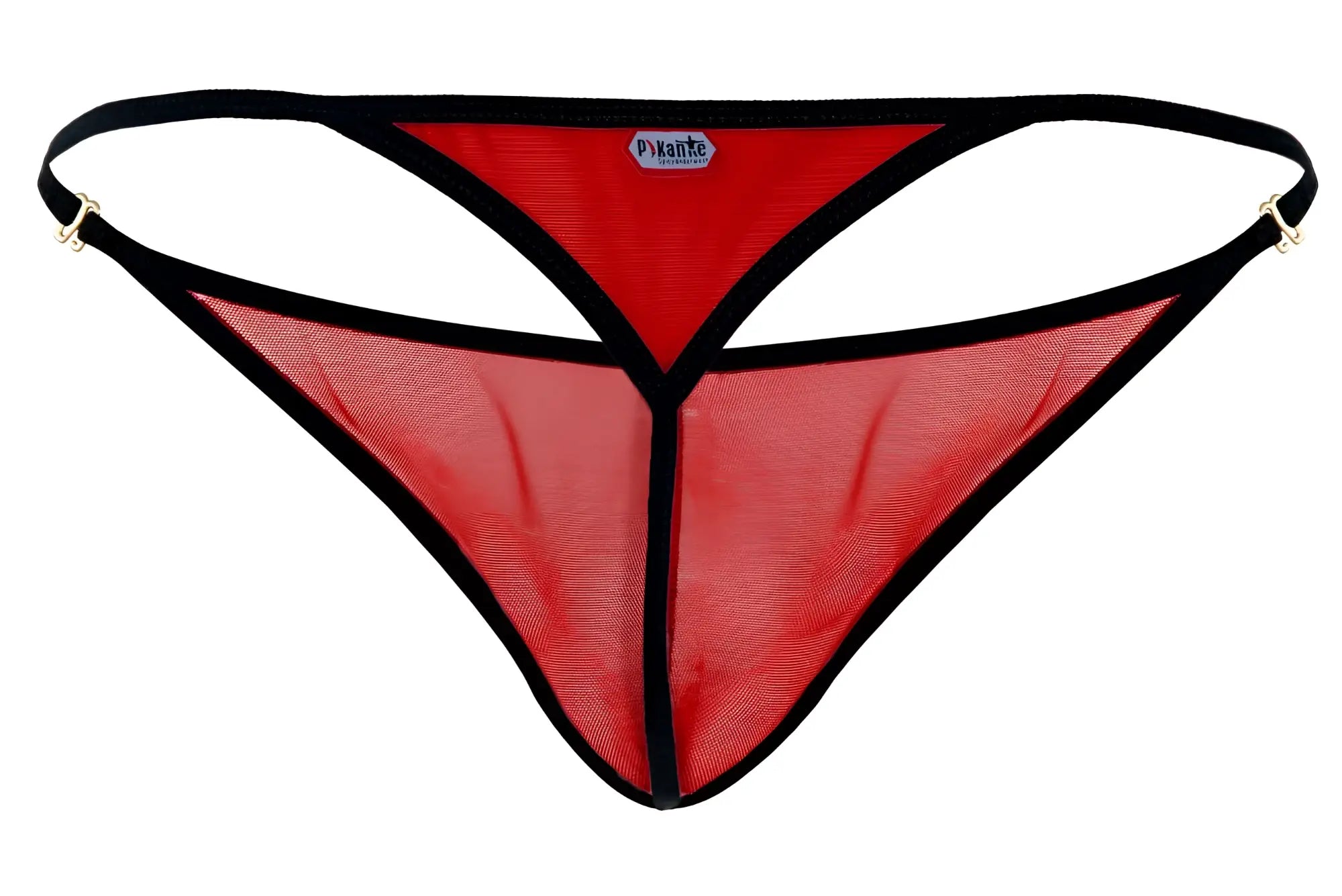 Red mesh thong with black trim and adjustable straps from Pikante PIK 1279 Sonar thongs collection in red