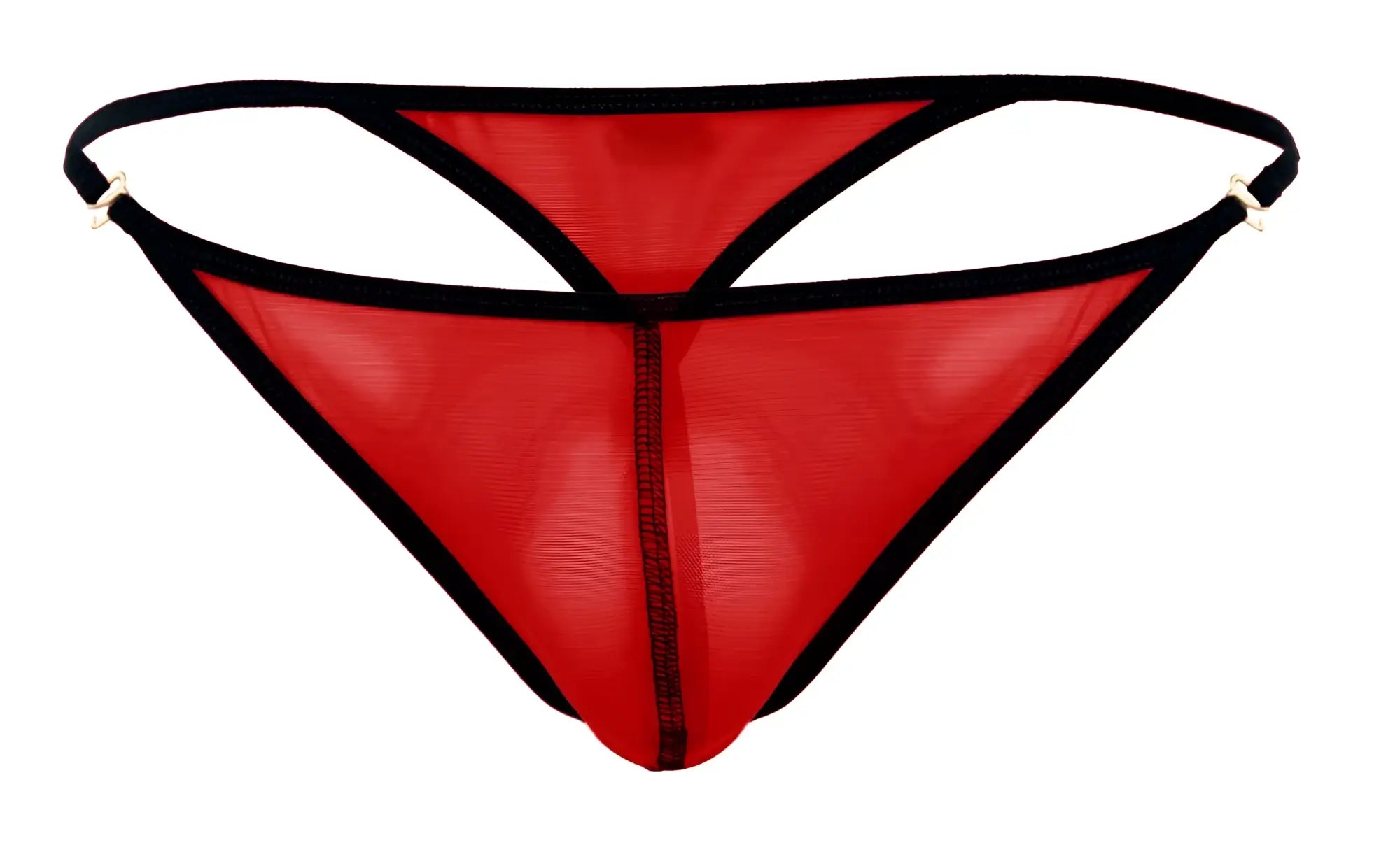 Red sheer mesh thong with black trim and metallic clasps from pikante PIK 1279 sonar thongs color red