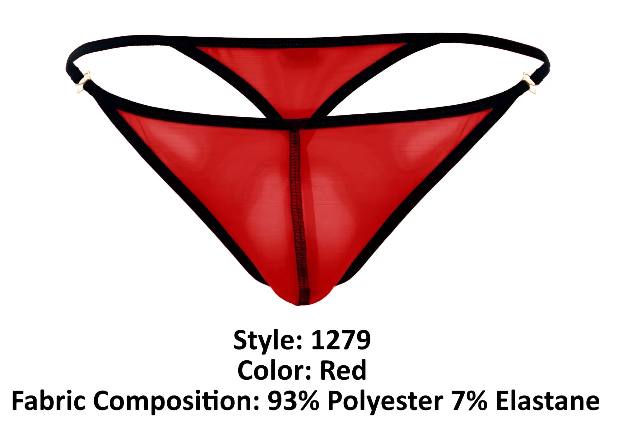 Pikante pik 1279 sonar thong in red sheer mesh with black trim and central front seam