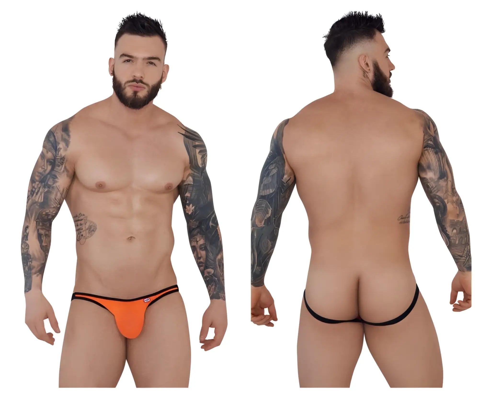 Orange and black pikante PIK 1280 sonar jockstrap thong with low-rise design shown from the back side
