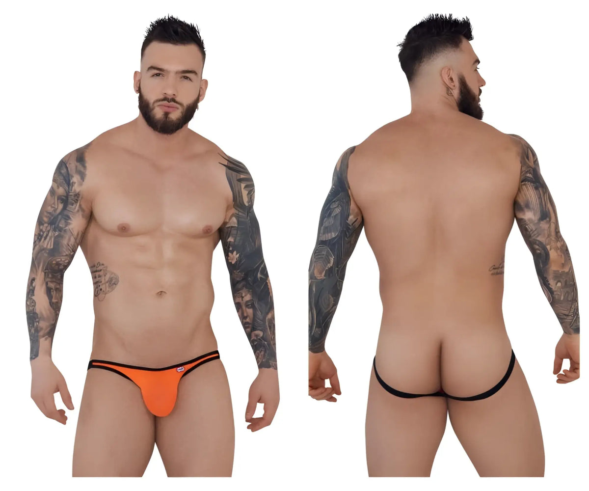 Orange and black pikante PIK 1280 sonar jockstrap thong with low-rise design shown from the back side