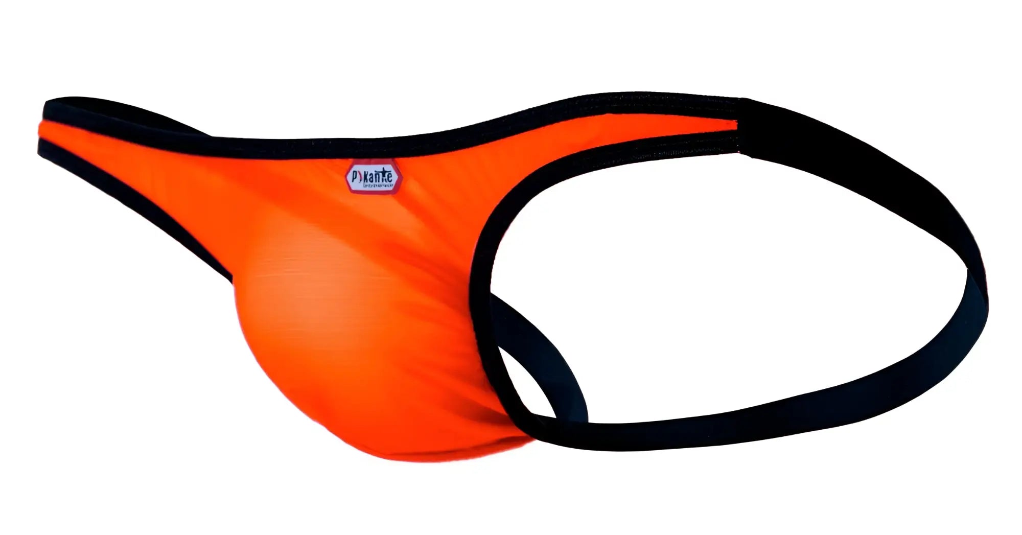 Bright orange pikante sonar jockstrap men’s thong with black trim and branded label for stylish support