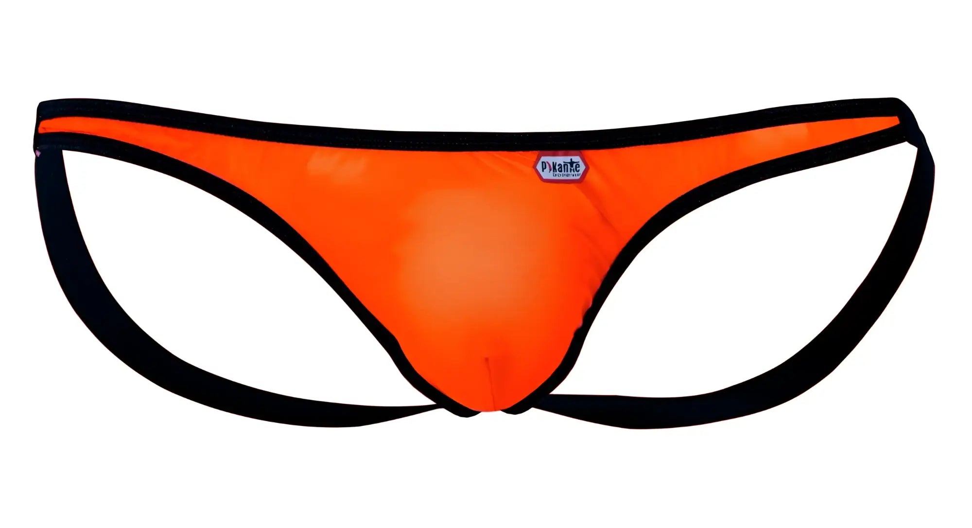 Bright orange mesh thong jockstrap with black trim and blue pitale brand tag pikante pik 1280 sonar jockstrap