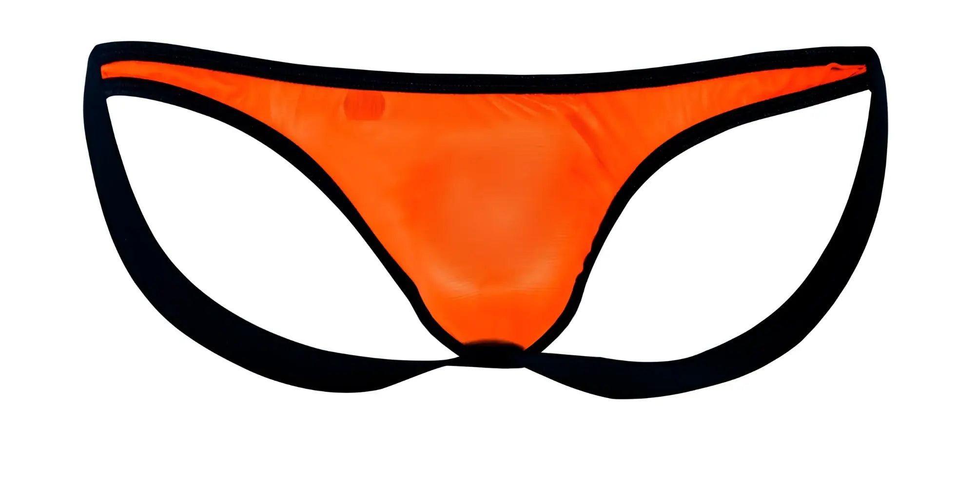 Bright orange pikante pik 1280 sonar jockstrap with black trim made of mesh showcasing front view