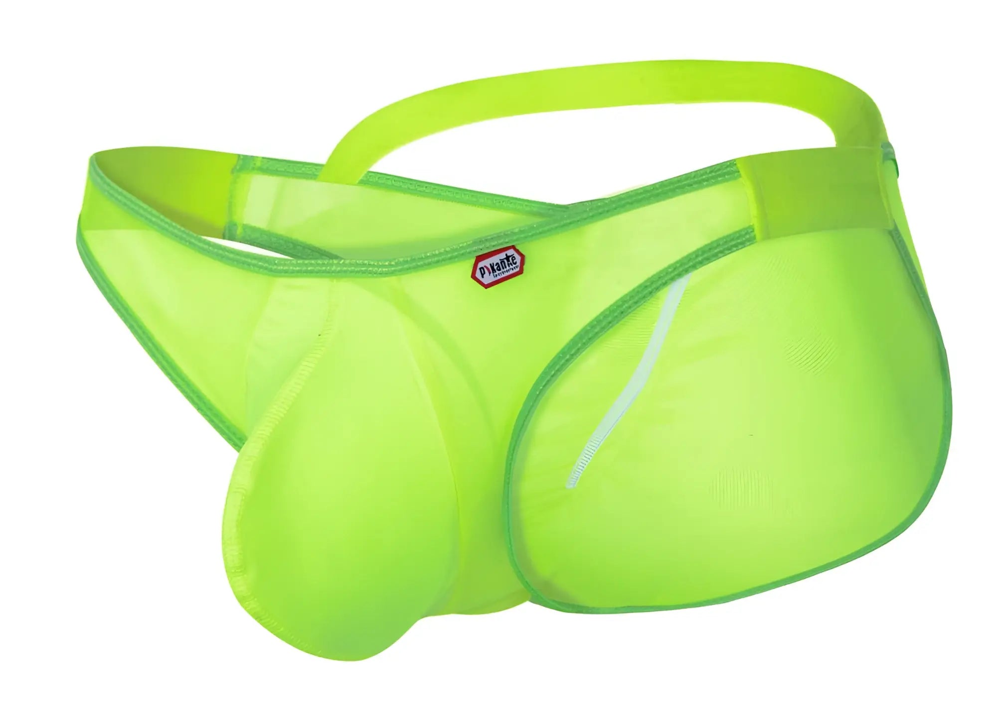 Bright neon green pikante PIK 1283 Bestival bikini briefs with supportive contoured mesh design and red logo waistband