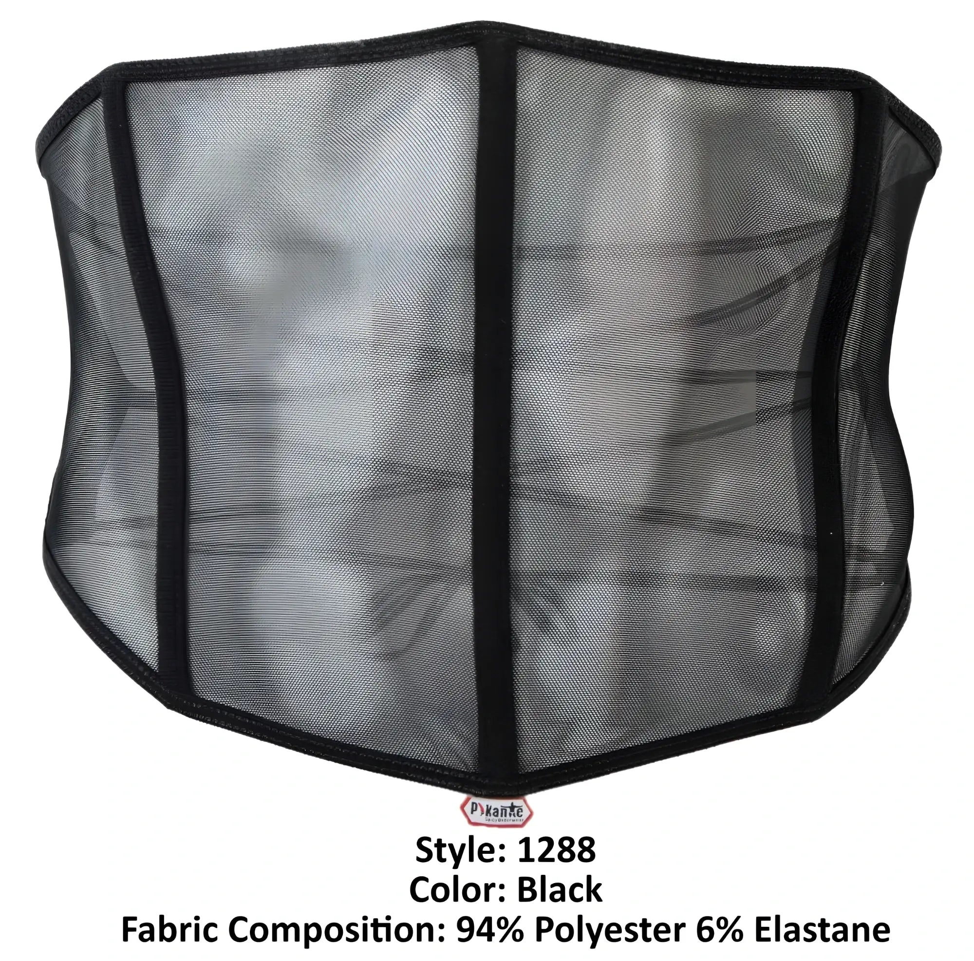 Black mesh corset with black elastic trim and vertical support panels from Pikante PIK 1288 Mutek corset color black