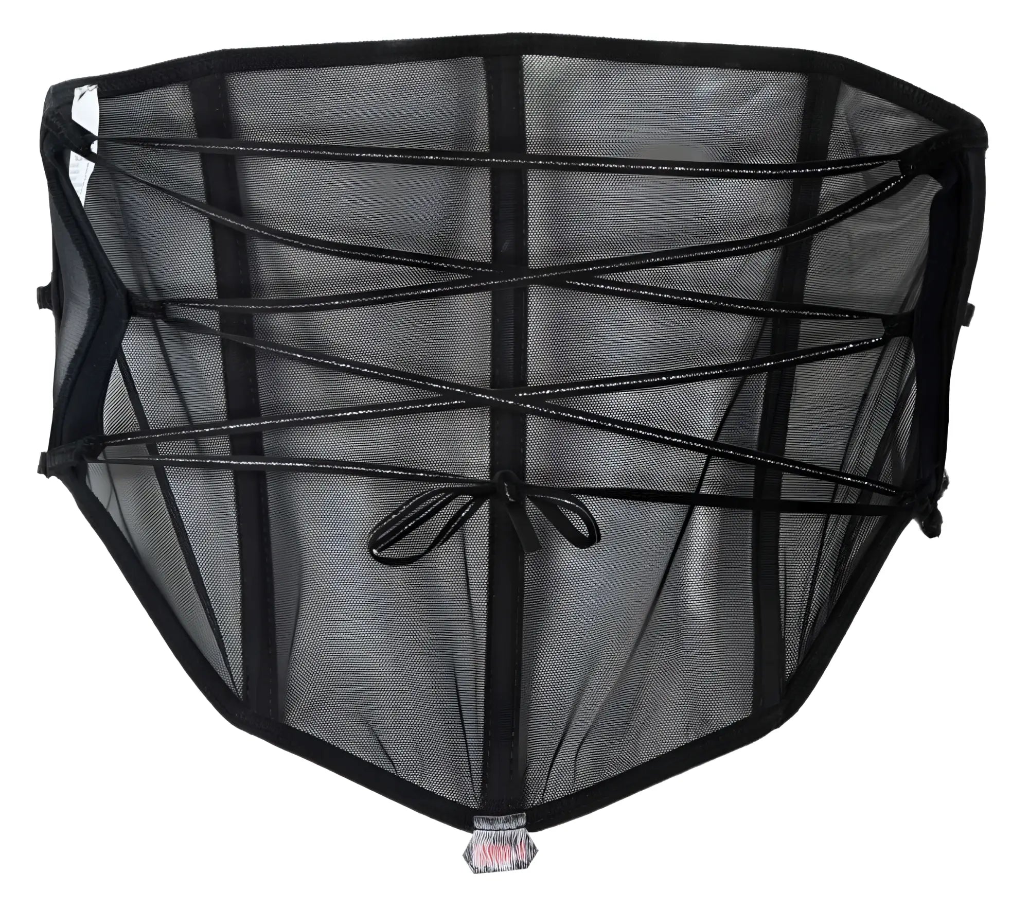Black mesh fishing net with reinforced edges and crisscrossed straps in pikante pik 1288 mutek corset color black