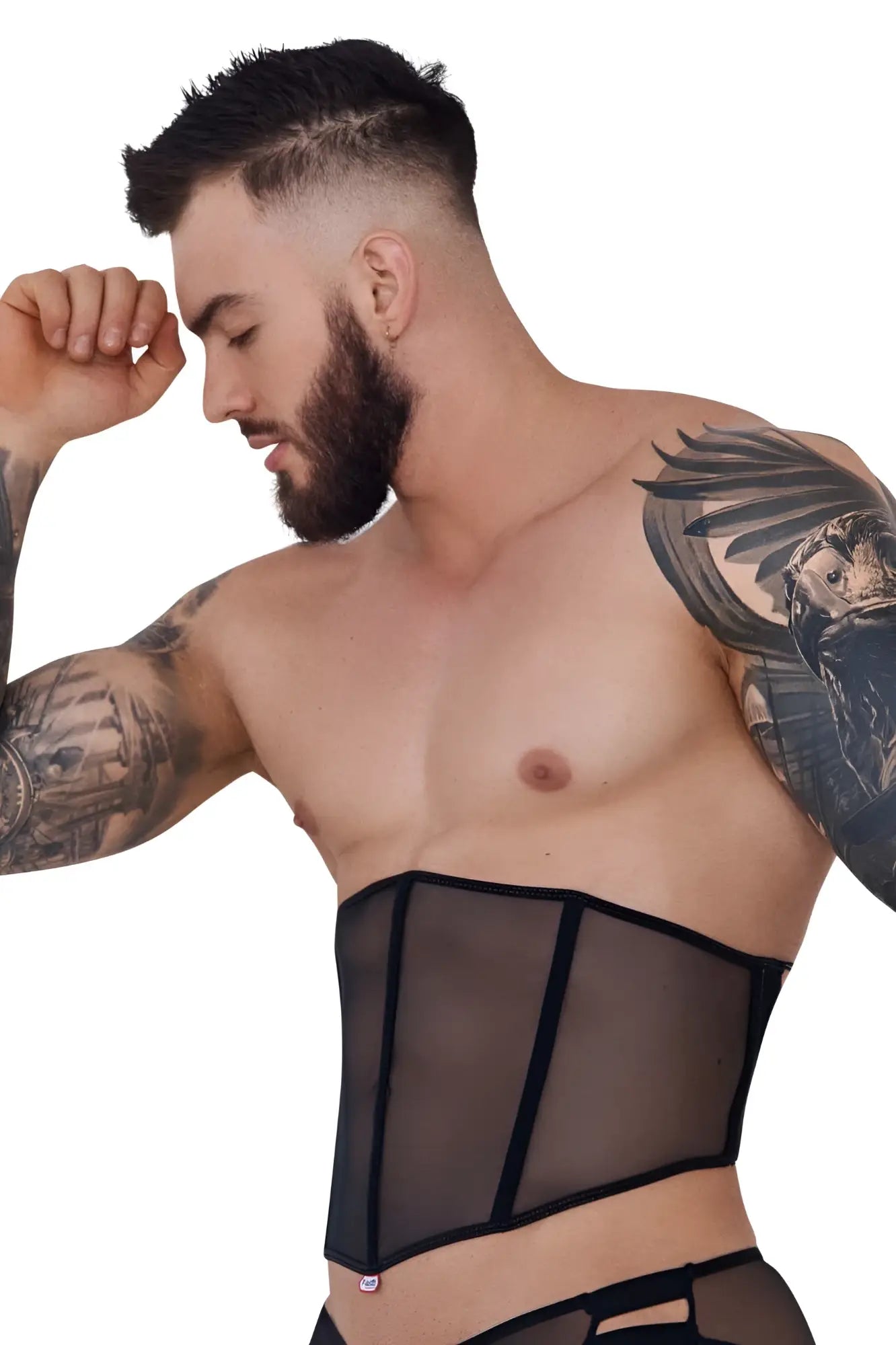 Black sheer mesh corset with elastic straps and a small pink logo side detail pikante PIK 1288 mutek corset black