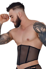 Black sheer mesh corset with elastic straps and a small pink logo side detail pikante PIK 1288 mutek corset black