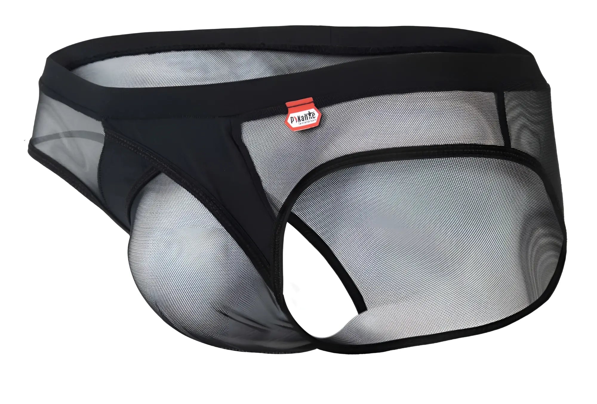 Black mesh Pikante PIK 1289 Itadaki briefs with solid black waistband trim and Pikante logo on the side