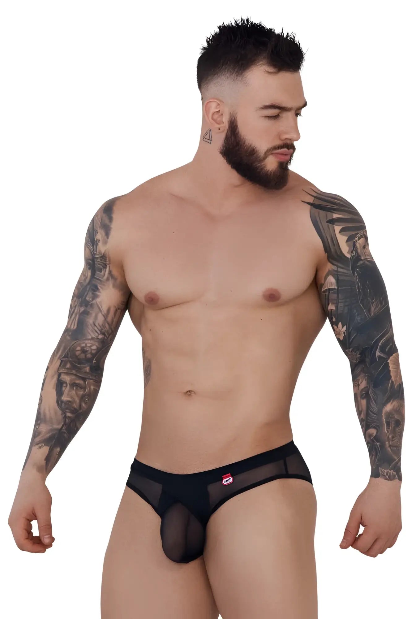 Black sheer mesh briefs with a solid front panel and red logo on waistband pikante pik 1289 itadaki briefs color black