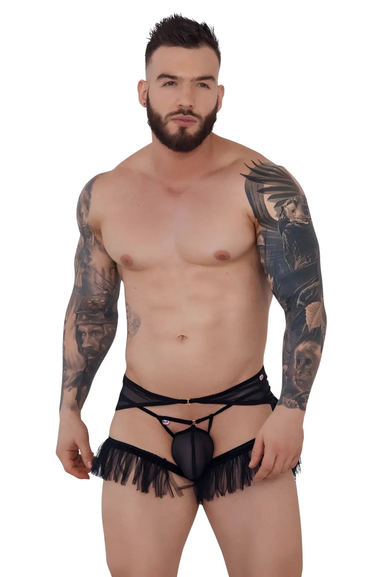 Black lace thong with fringe detailing from pikante PIK 1294 Greenman jockstrap in black shown from the back side