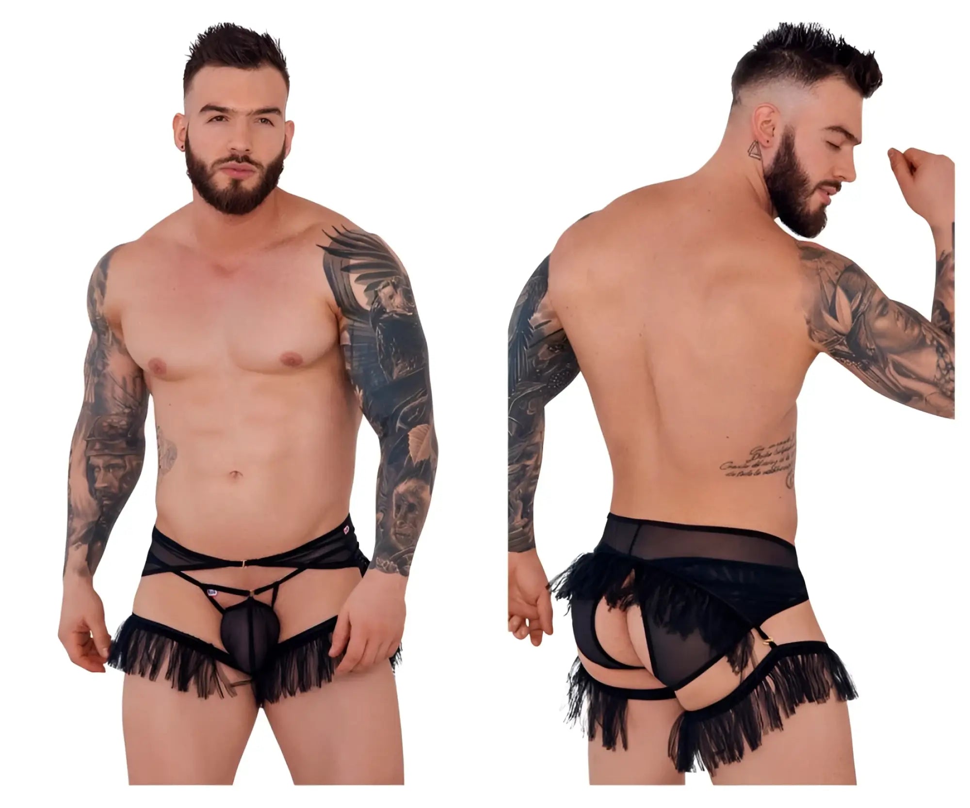 Black lace-trimmed fringed men’s lingerie briefs with sheer mesh front and adjustable straps by pikante