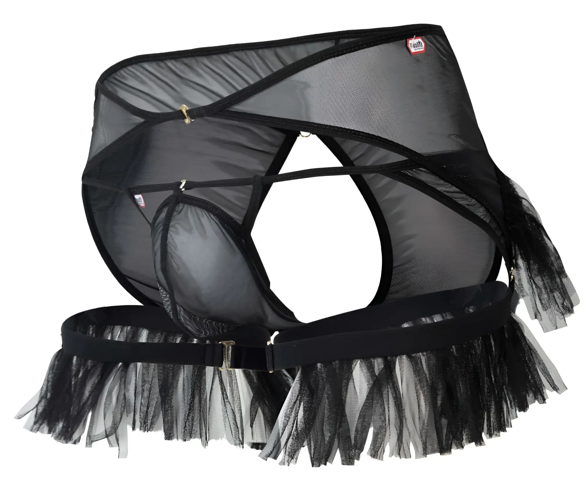 Black mesh Pikante PIK 1294 Greenman jockstrap with tulle fringe and adjustable straps showing front view