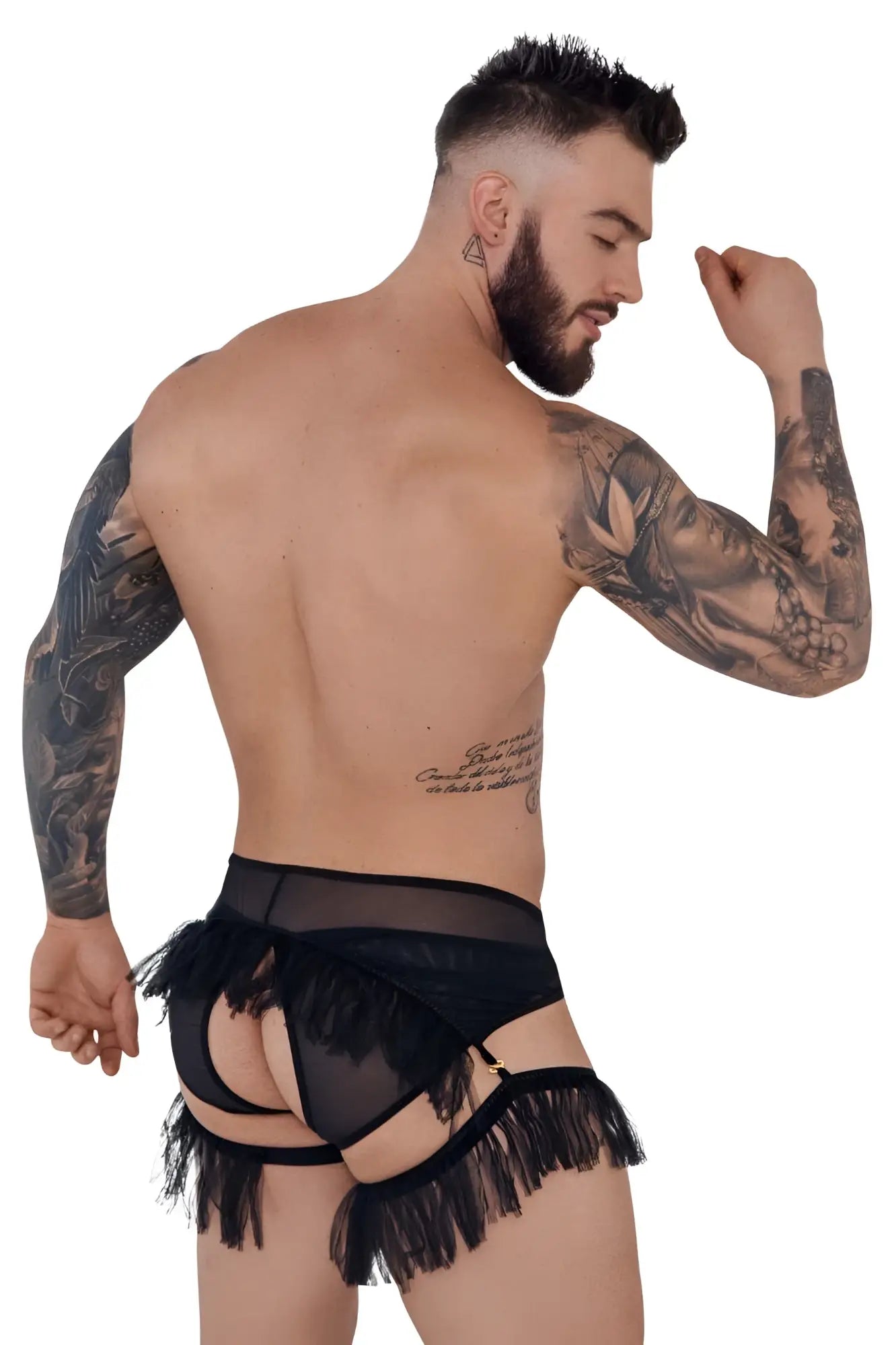 Black sheer lace garter belt with fringed detailing from pikante PIK 1294 greenman jockstrap in black