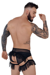 Black sheer lace garter belt with fringed detailing from pikante PIK 1294 greenman jockstrap in black