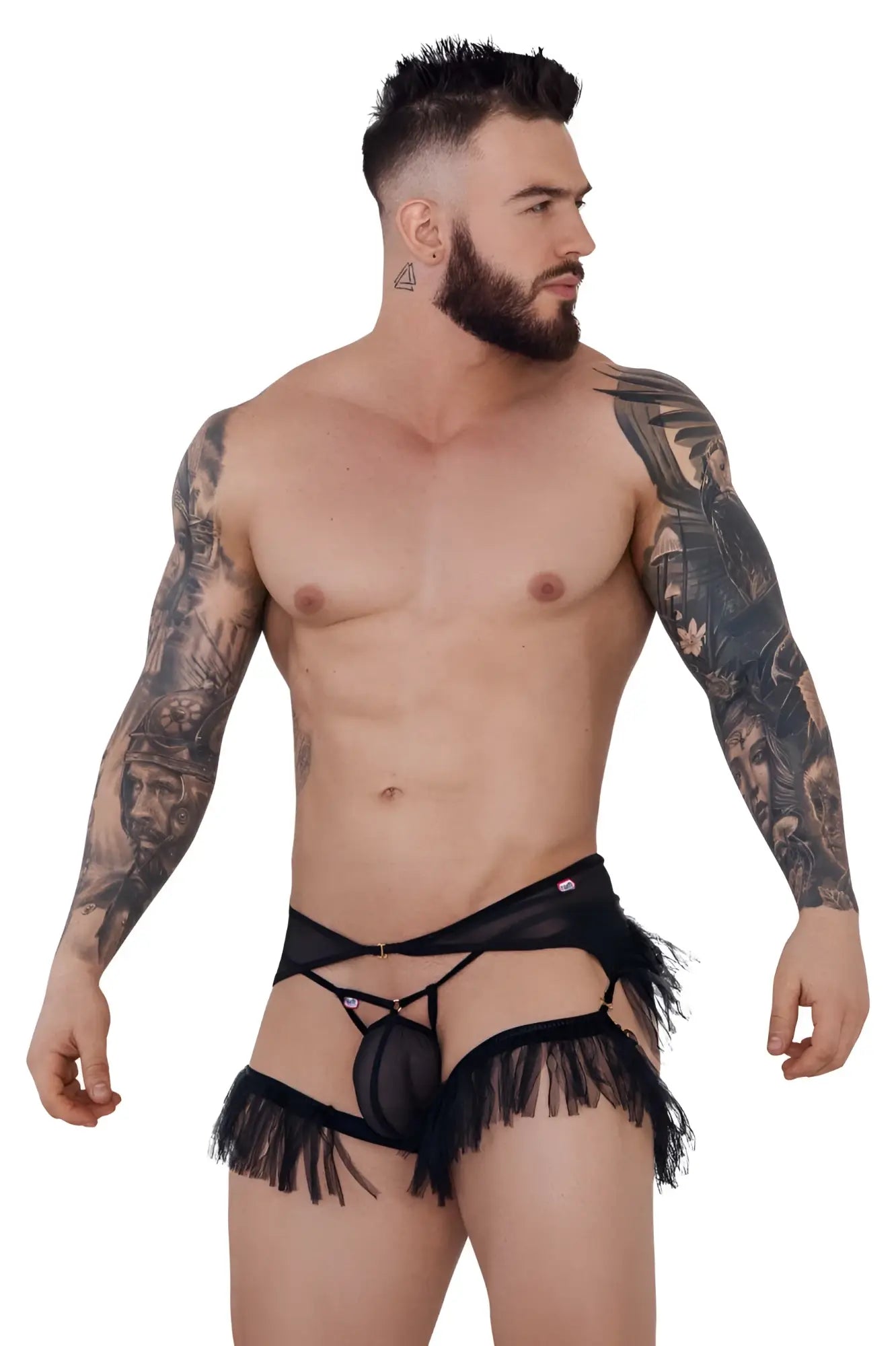 Black sheer lace thong with fringe detailing from pikante pik 1294 greenman jockstrap in black, back side view