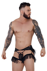 Black sheer lace thong with fringe detailing from pikante pik 1294 greenman jockstrap in black, back side view