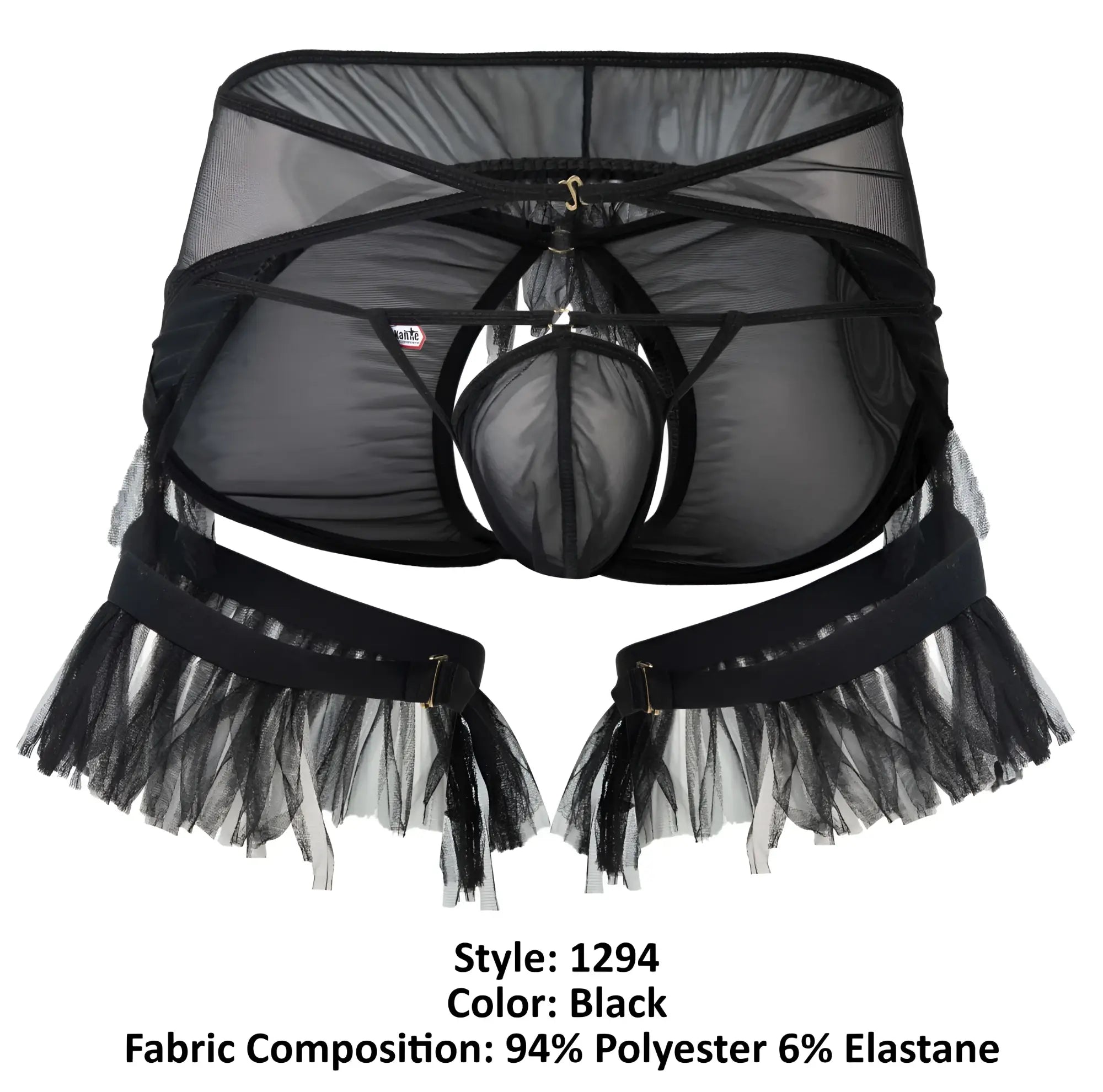 Black sheer mesh men’s lingerie with tulle fringe and adjustable straps pikante pik 1294 greenman jockstrap black