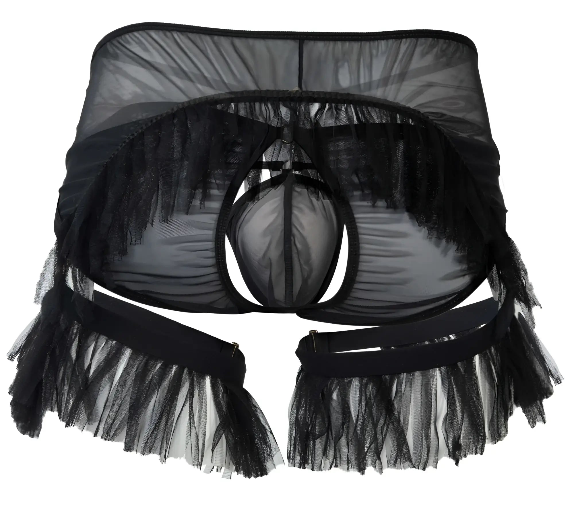Black pikante PIK 1294 Greenman jockstrap featuring sheer tulle lingerie with fringed edges and central mesh panel