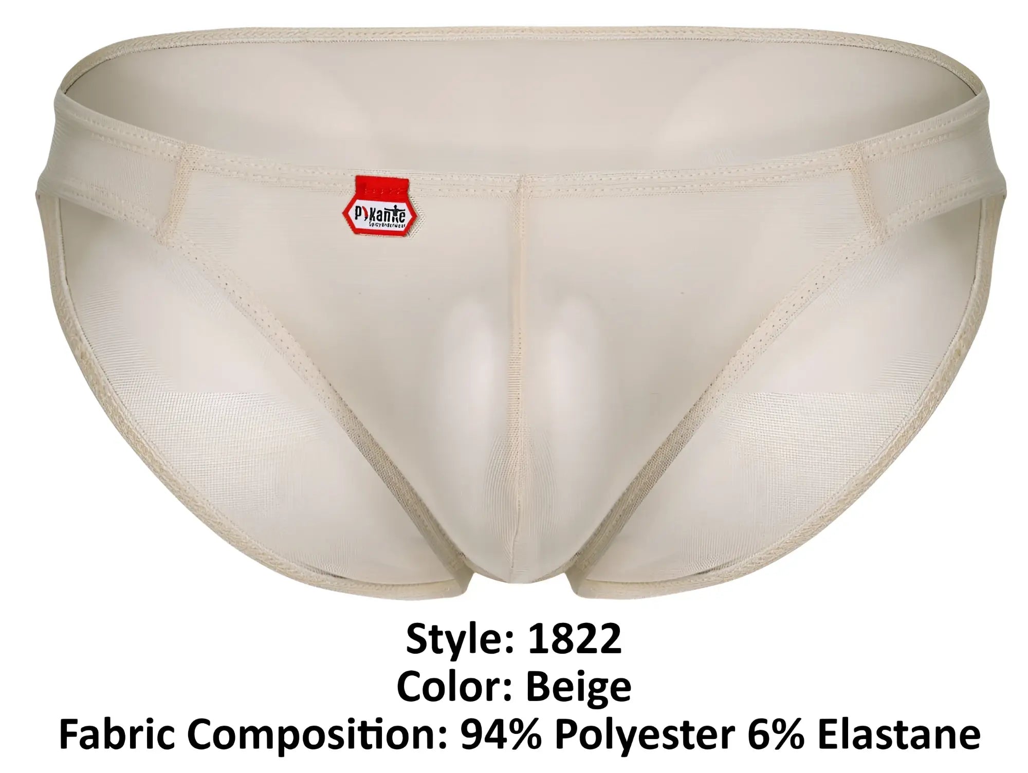 Beige pikante pik 1822 luxury briefs made of 94 polyester 6 elastane with textured weave and red brand tag on waistband