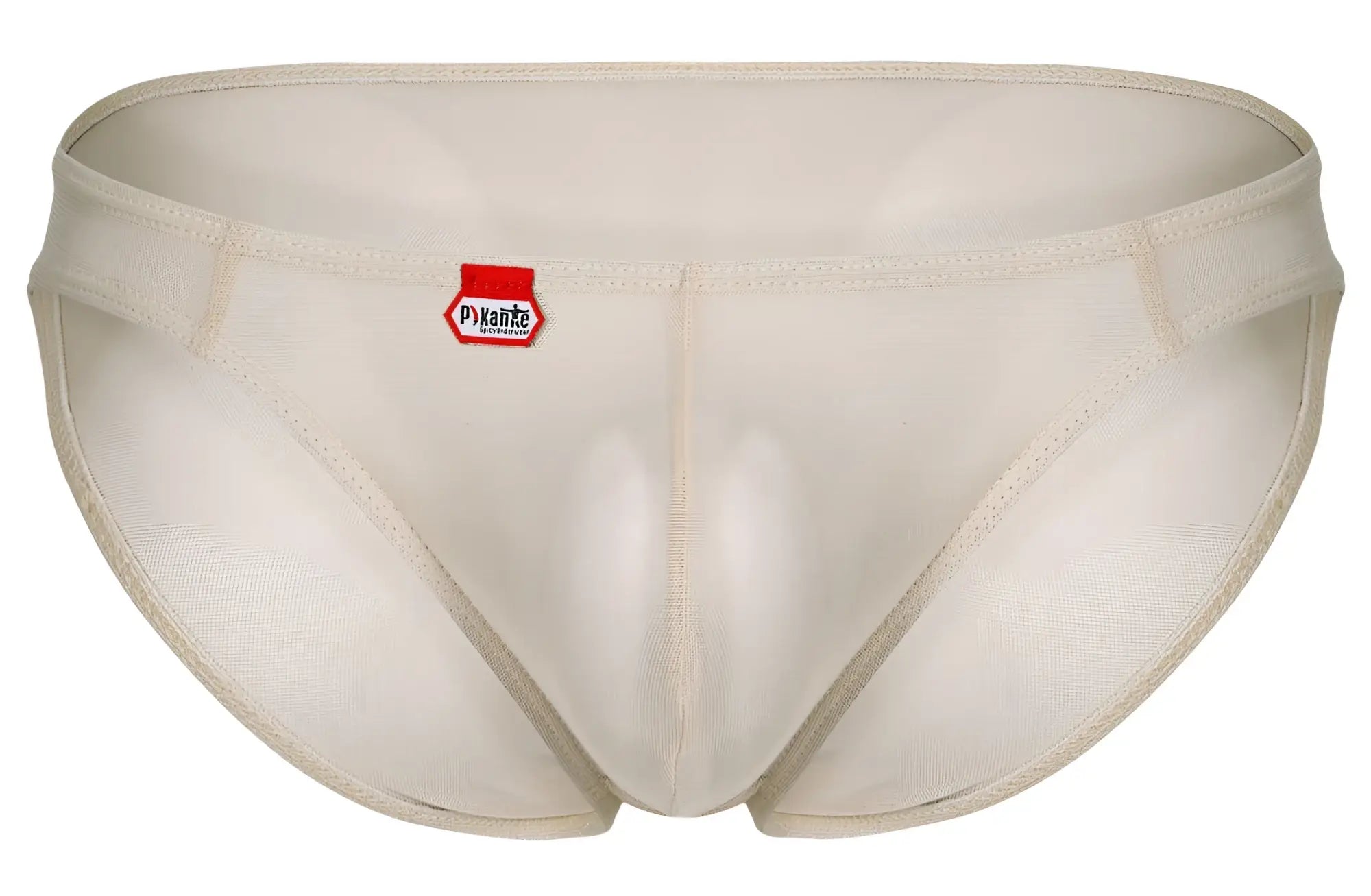 Beige mesh briefs with red and white pikante brand tag on waistband luxury breathable underwear pik 1822