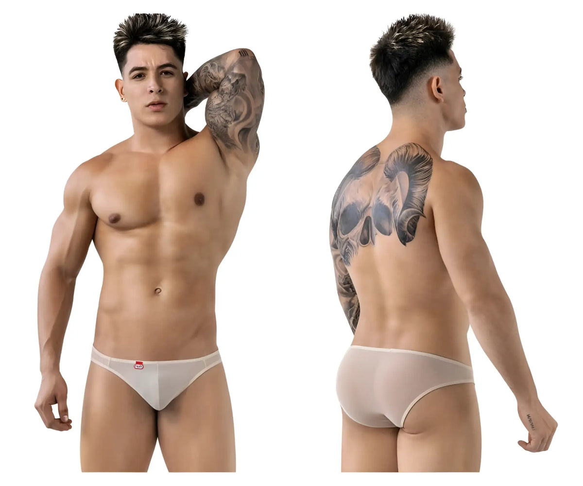 White sheer mesh briefs pikante pik 1822 luxury briefs beige with small red logo on waistband
