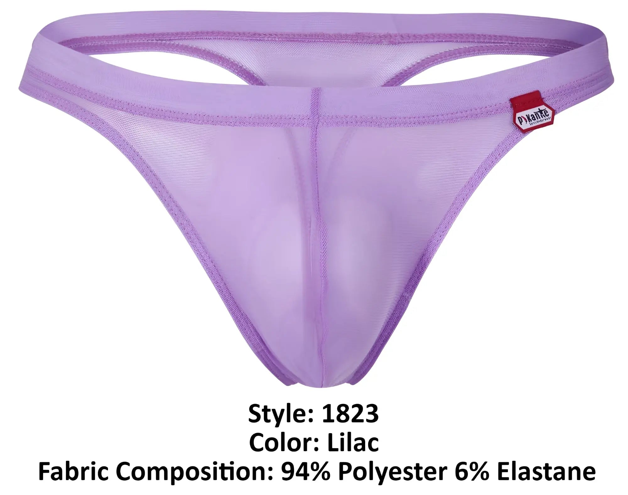 Lilac pikante pik 1823 luxury thong made of sheer mesh with a supportive elastic waistband and a small red brand tag