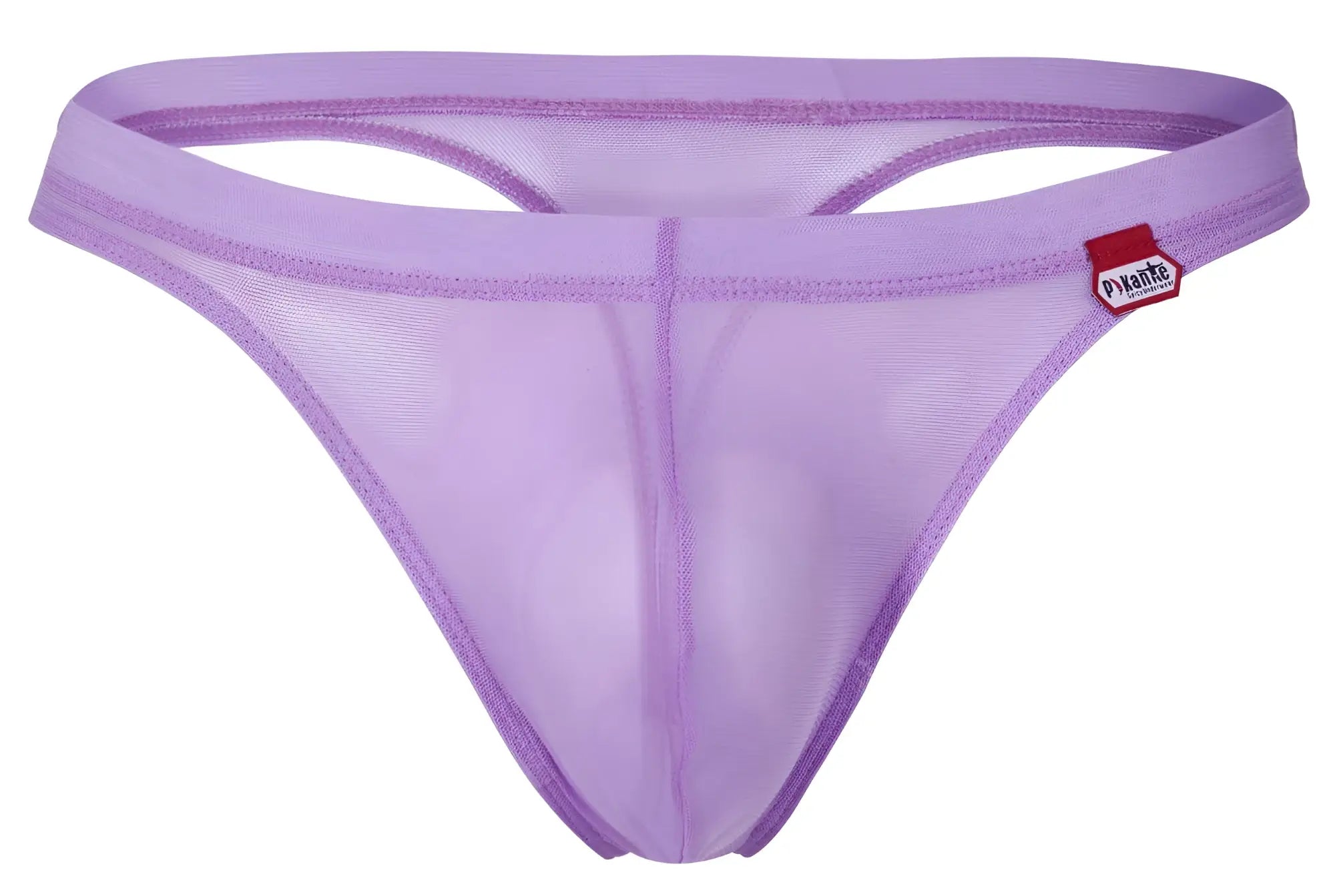 Lavender pikante luksury mesh thong with a red and white brand tag on the waistband
